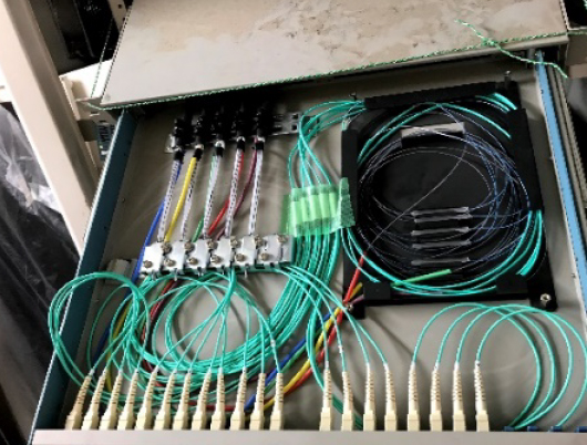 Inside of an optical fiber cable termination box